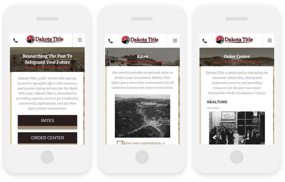 Dakota Title responsive website shown on three phone screens