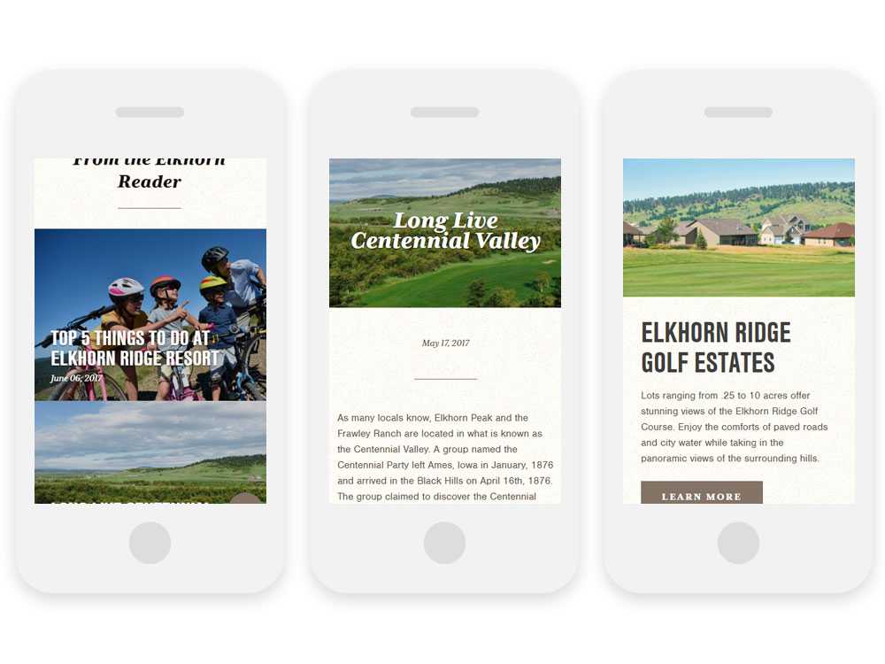 Elkhorn Ridge website on 3 mobile phones showing blog entries and general site entries