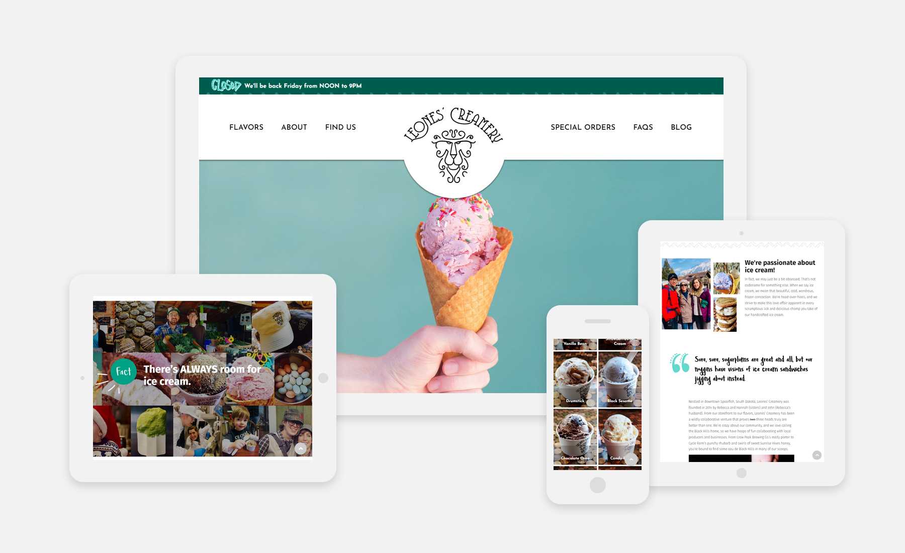 Leones' Creamery website on 4 devices: desktop, ipad vertical, ipad landscape, and mobile