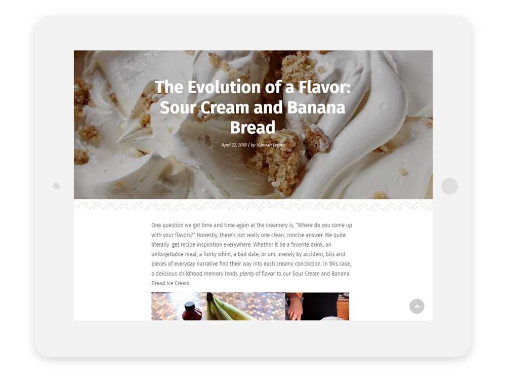 Leones' Creamery website on tablet showing a blog detail page