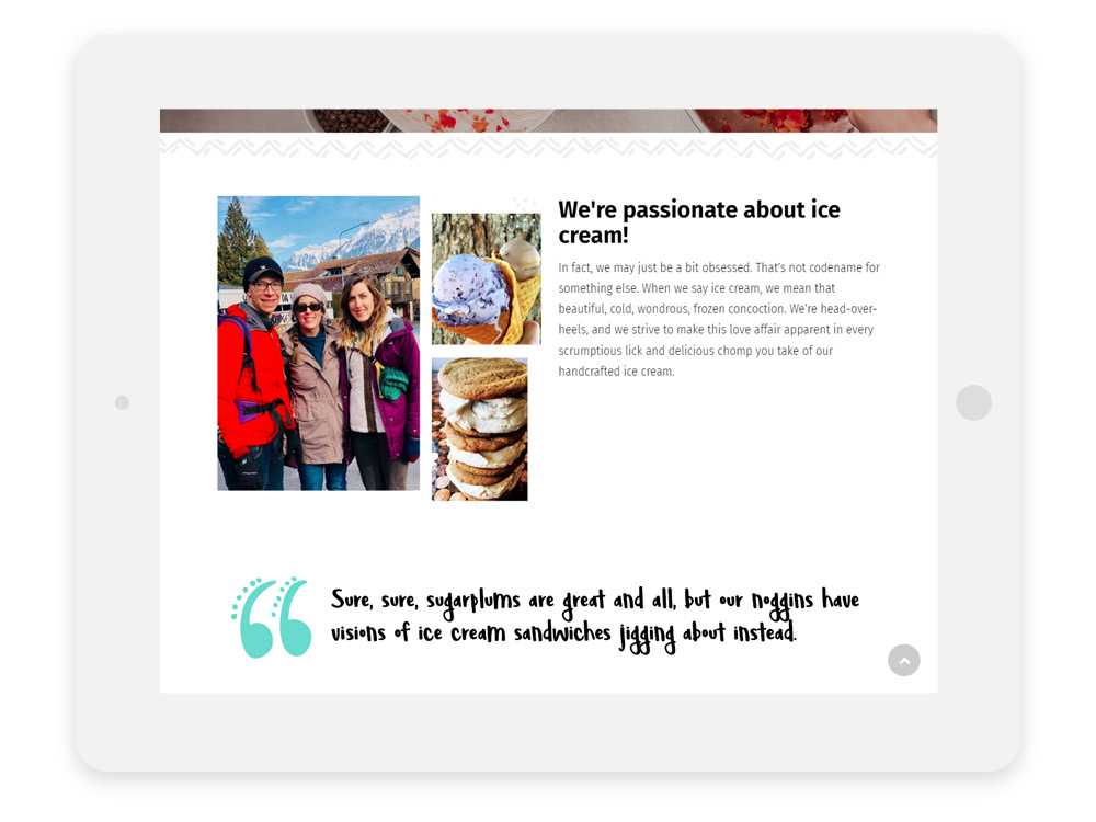 Leones' Creamery website on tablet showing hand-drawn illustrations and quotes from the Creamery team