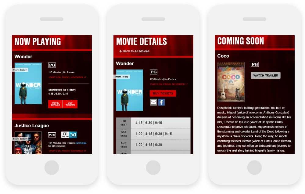 Steele Theatres Northern Hills Cinema responsive website on three phones