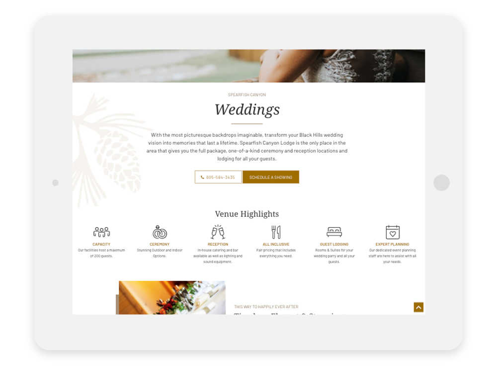 Weddings page-specific navigation shown on iPad