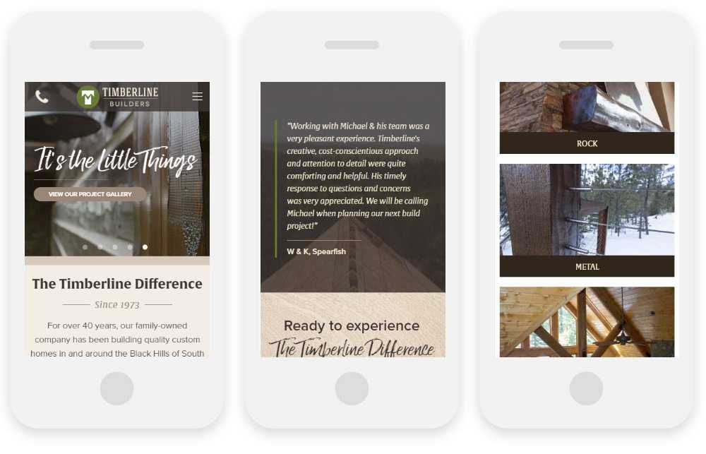 Timberline Builders responsive website shown on three phone screens