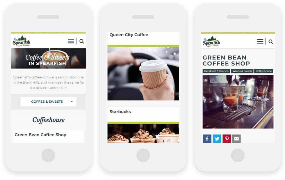 Visit Spearfish responsive website shown on three phone screens