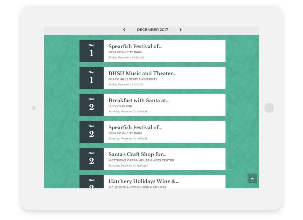 Visit Spearfish responsive website Events Calendar shown on a tablet
